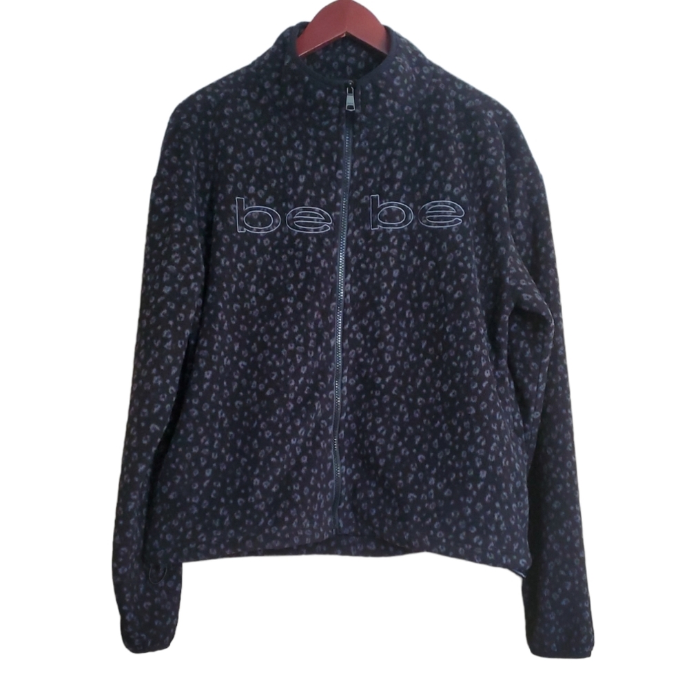 Bebe Sport Spellout Leopard Print Polar Fleece Full Zip Jacket Black Gray Medium
